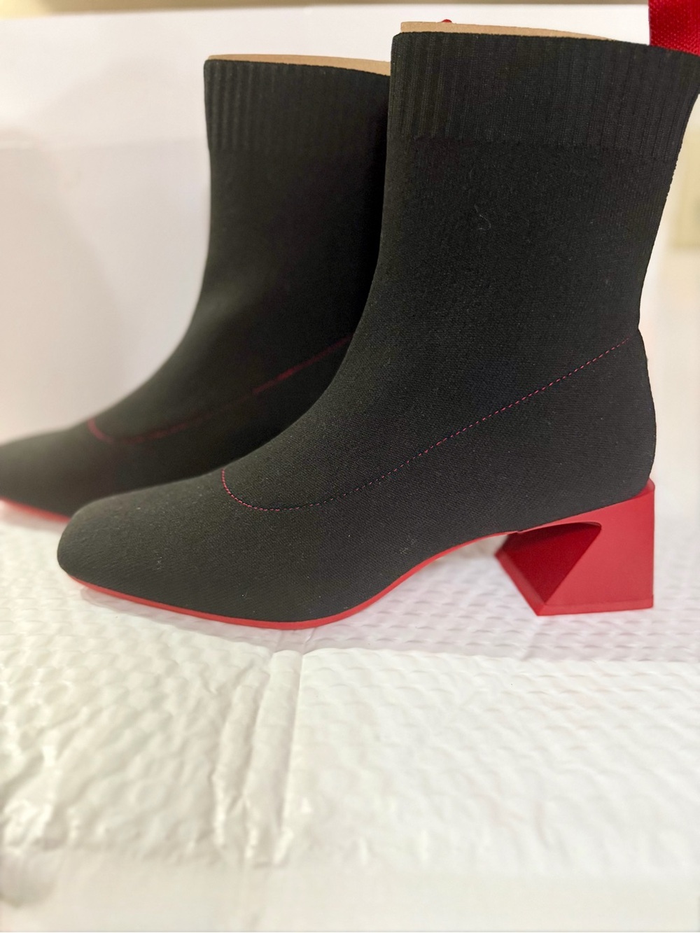 Black Sock Heeled Boots with Red Geometric Block Heel - Women's